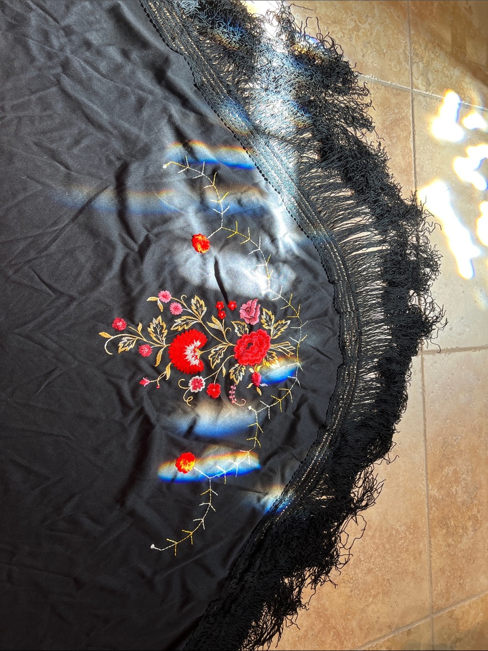 Black Floral Embroidered Fringe Shawl